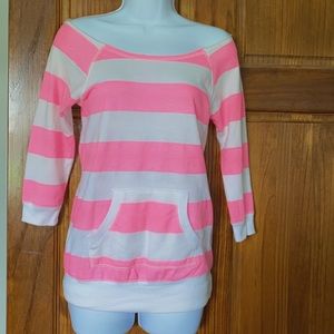 Pink & White 3/4 Sleeve Off the Shoulder Sweatshirt; Size Small